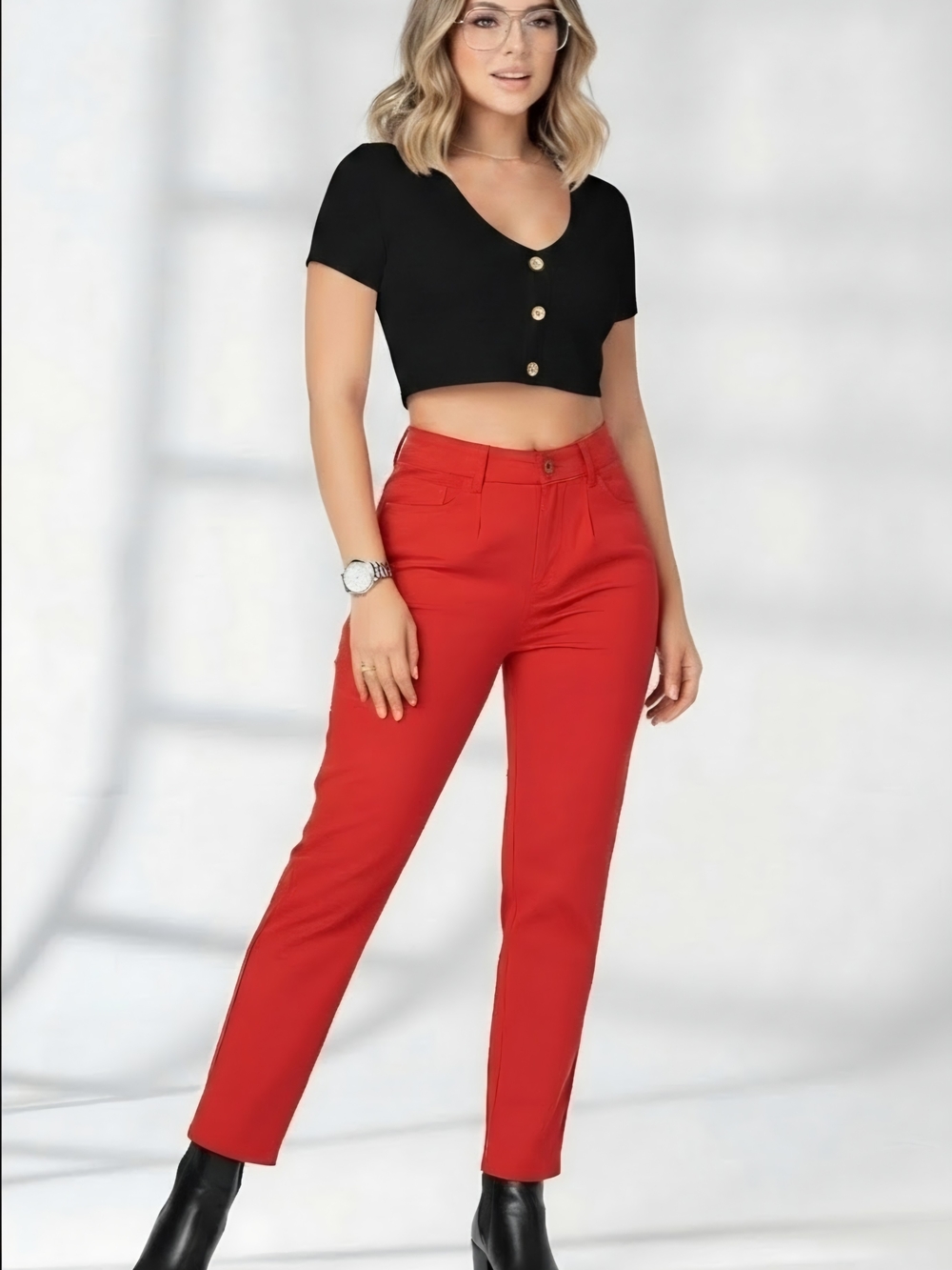 Socapri Size 50 (XXL) High-Rise Slim Straight Pants in Red